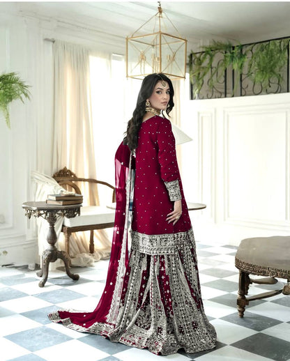 Wedding Wear Maroon Color Heavy Faux Georgette With Embroidery Sequence Work Sharara Suit