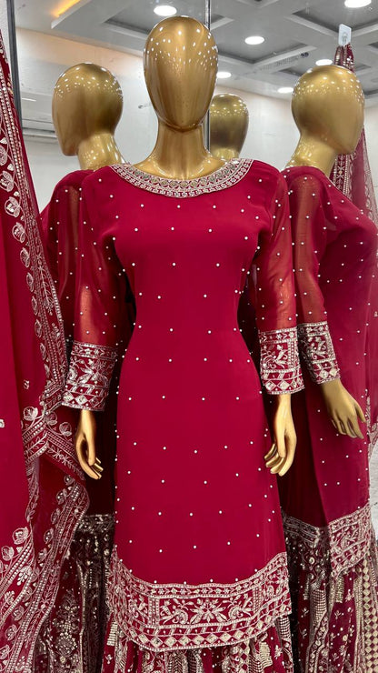 Wedding Wear Maroon Color Heavy Faux Georgette With Embroidery Sequence Work Sharara Suit