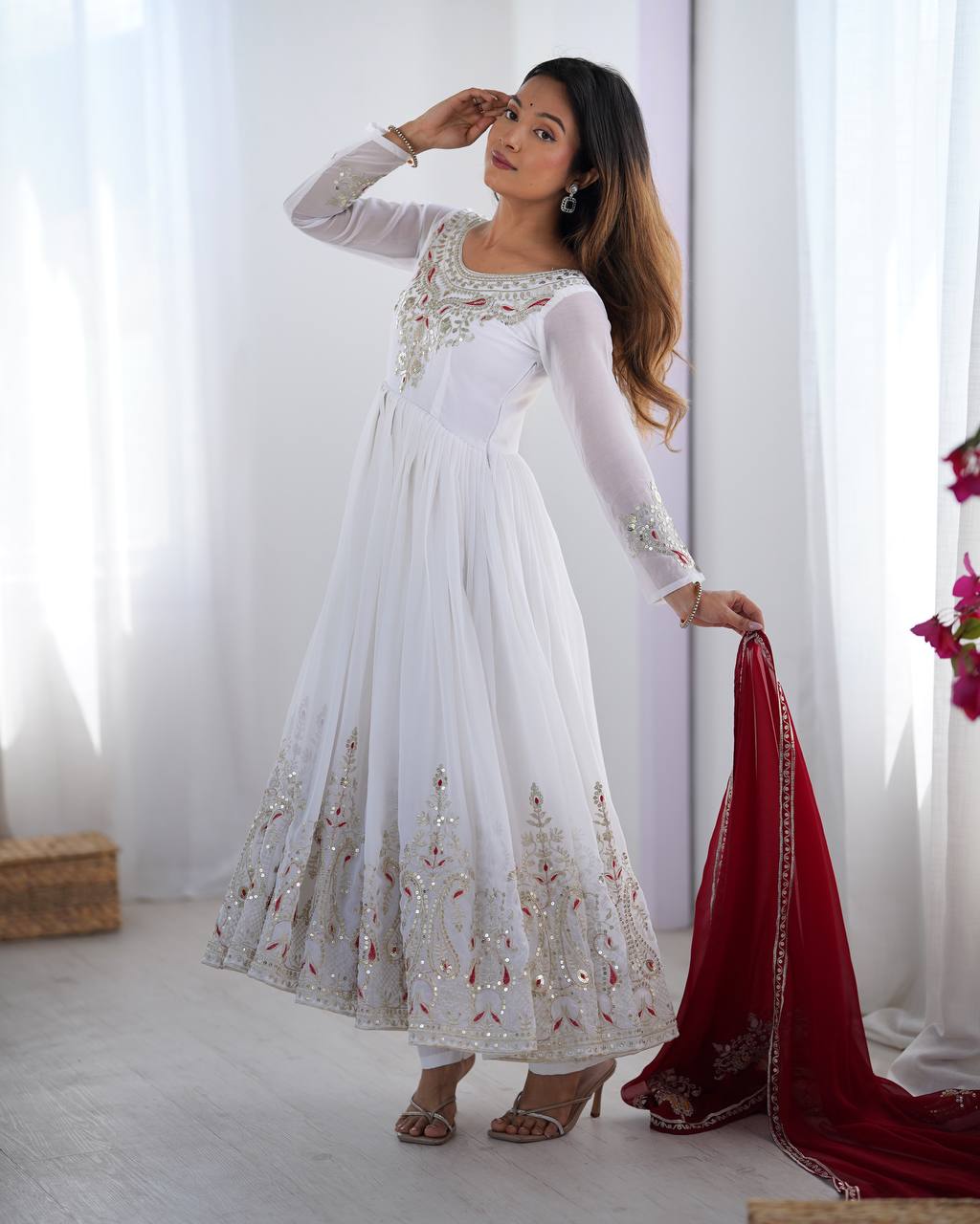 Reception Wear White Color Georgette With Multi Thread Embroidery Sequence Work Designer Gown