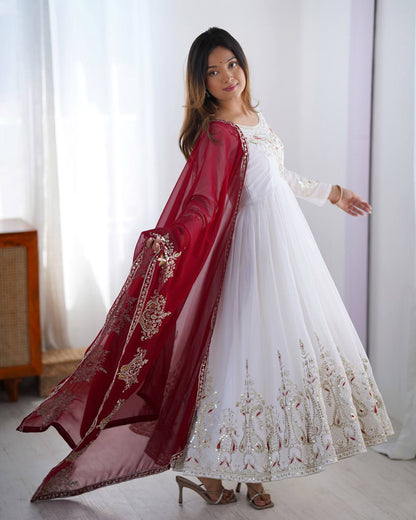 Reception Wear White Color Georgette With Multi Thread Embroidery Sequence Work Designer Gown