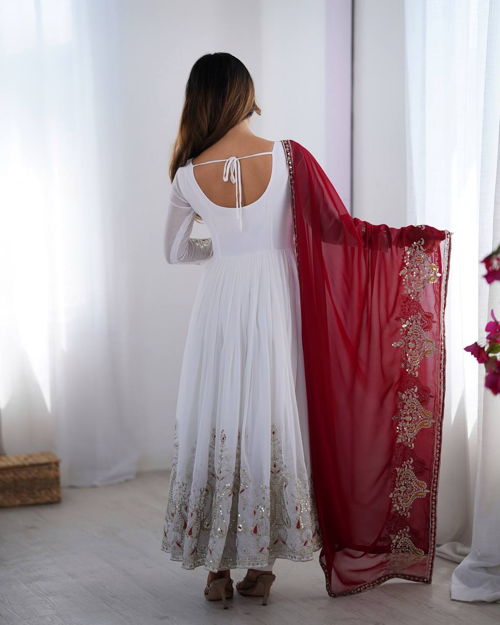 Reception Wear White Color Georgette With Multi Thread Embroidery Sequence Work Designer Gown