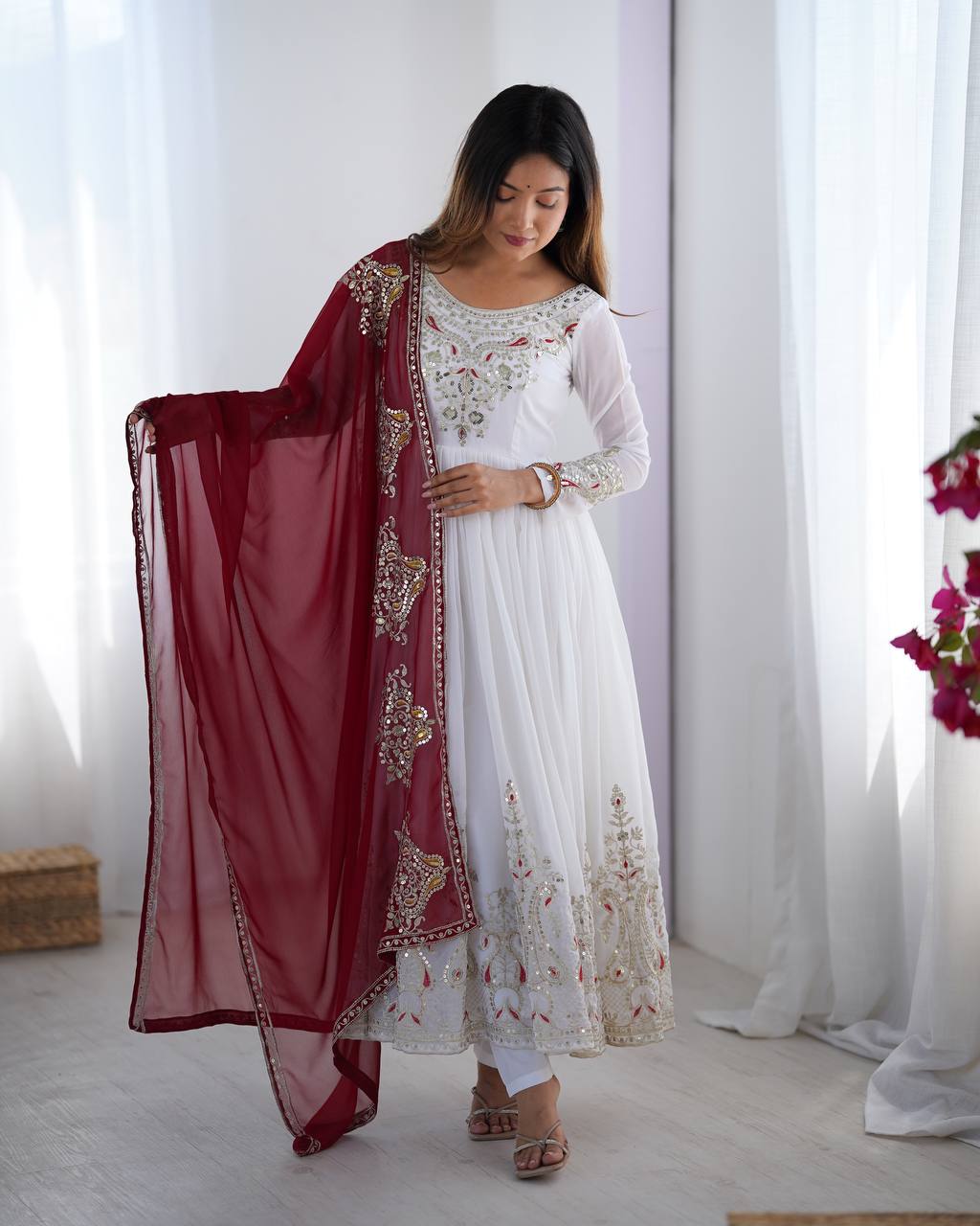 Reception Wear White Color Georgette With Multi Thread Embroidery Sequence Work Designer Gown