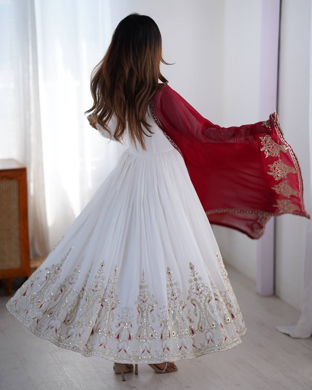 Reception Wear White Color Georgette With Multi Thread Embroidery Sequence Work Designer Gown