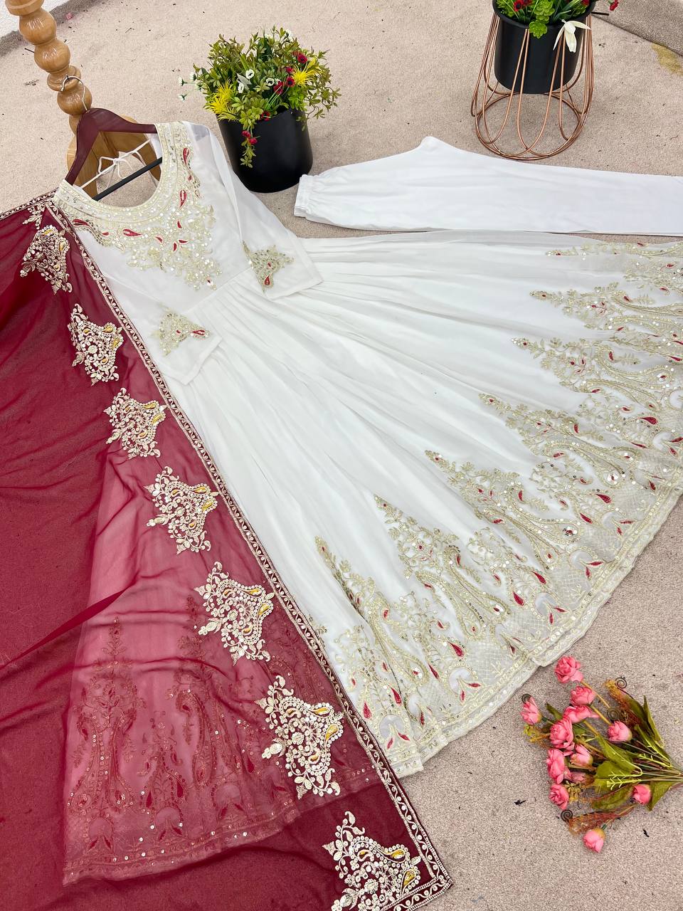 Reception Wear White Color Georgette With Multi Thread Embroidery Sequence Work Designer Gown