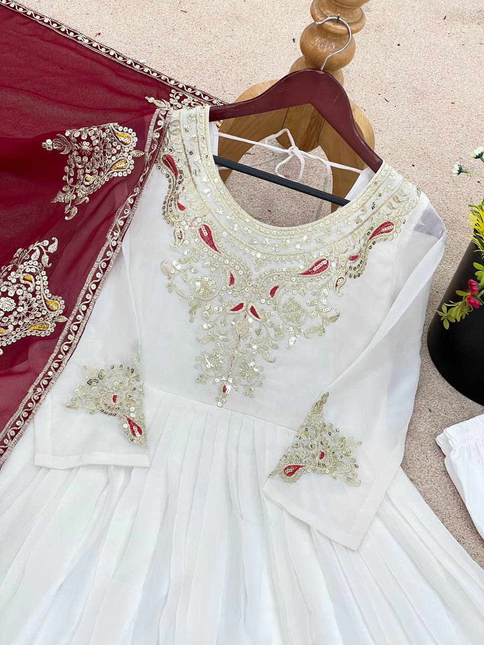 Reception Wear White Color Georgette With Multi Thread Embroidery Sequence Work Designer Gown