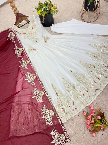 Reception Wear White Color Georgette With Multi Thread Embroidery Sequence Work Designer Gown