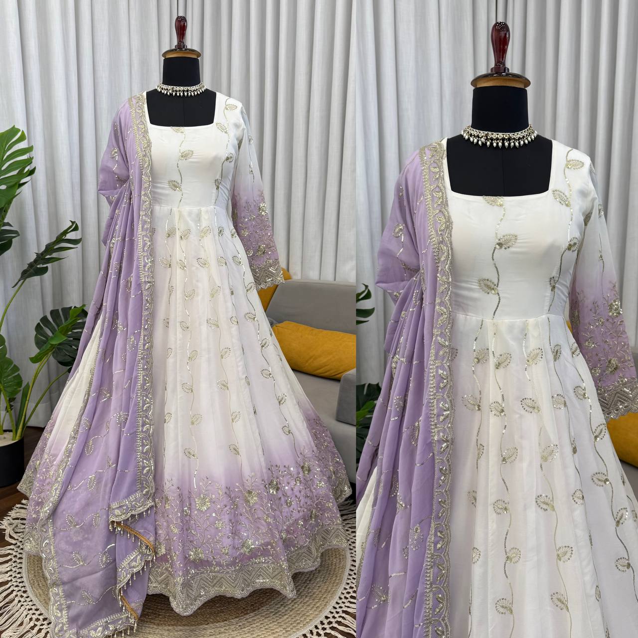 Off White Color Ready To Wear Georgette Designer Anarkali Gown Set