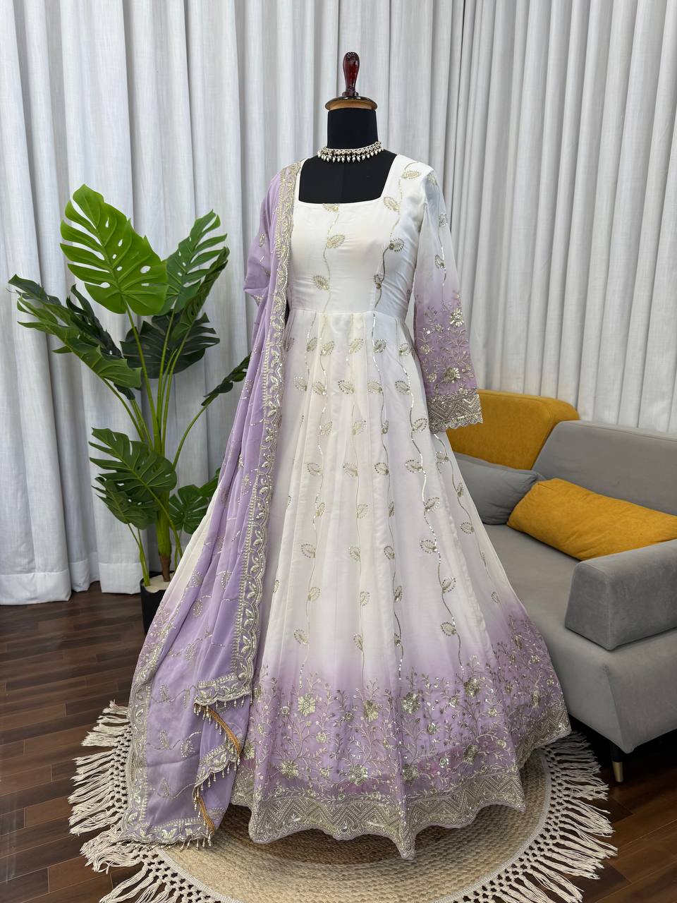 Off White Color Ready To Wear Georgette Designer Anarkali Gown Set