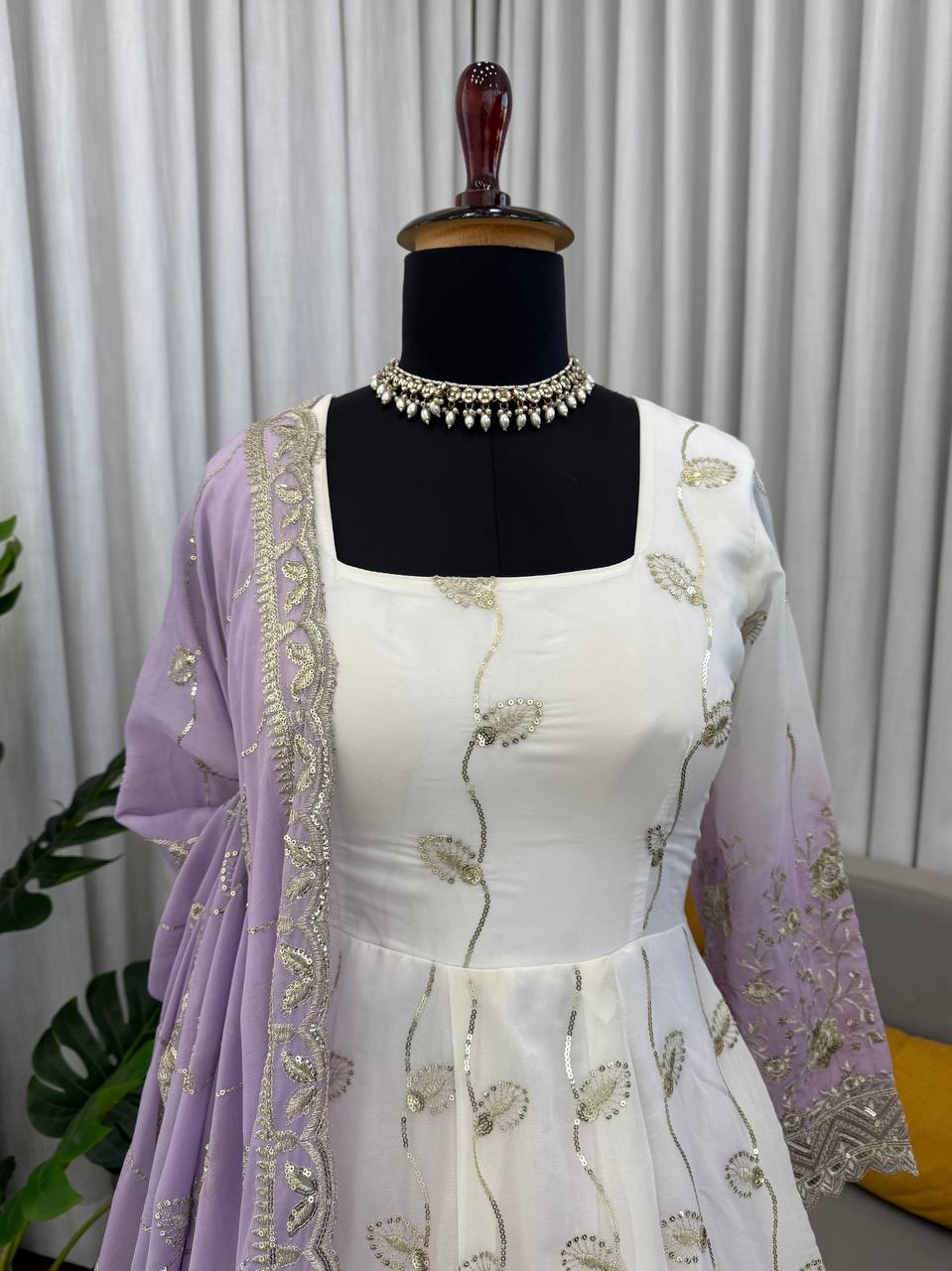 Off White Color Ready To Wear Georgette Designer Anarkali Gown Set