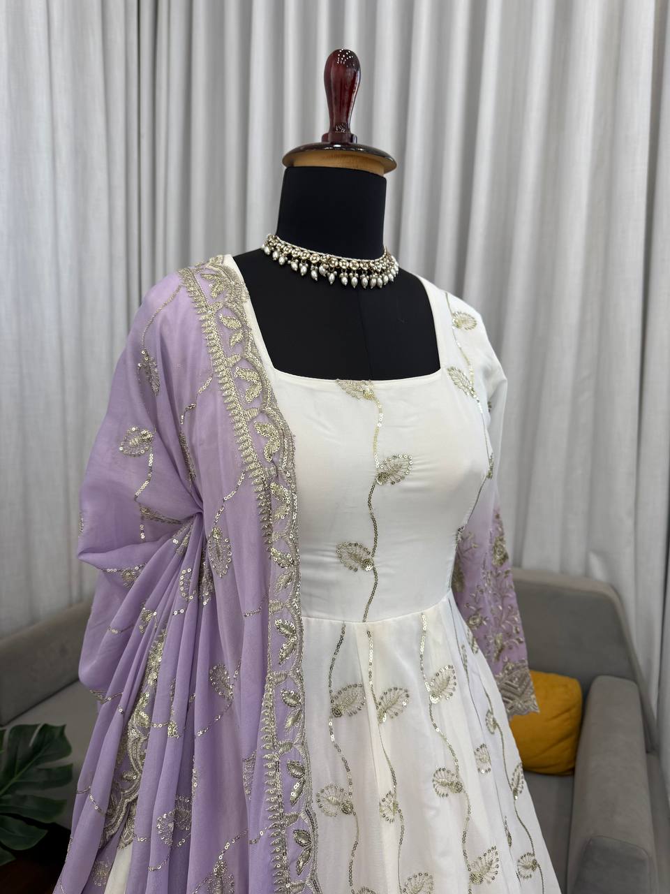 Off White Color Ready To Wear Georgette Designer Anarkali Gown Set