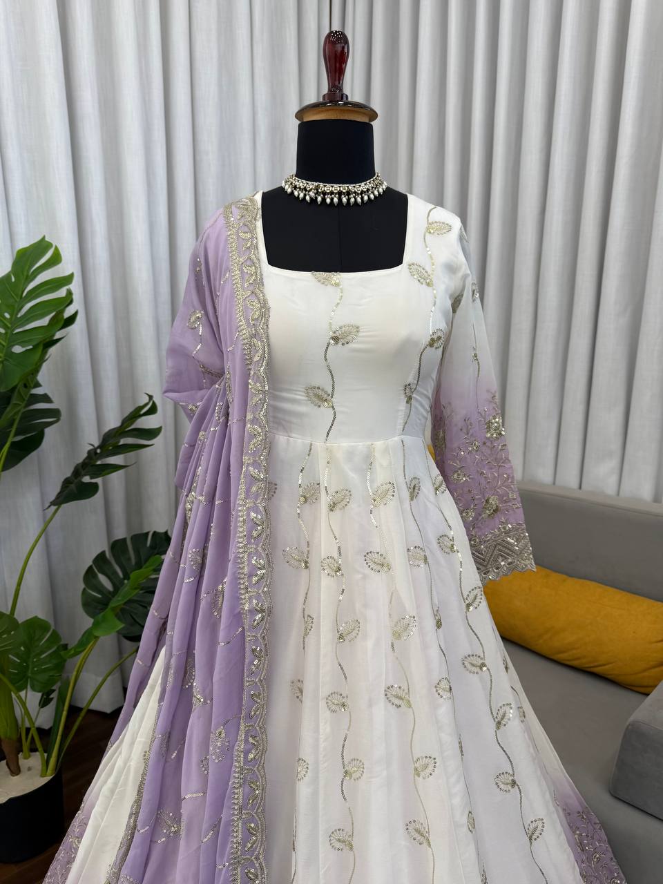 Off White Color Ready To Wear Georgette Designer Anarkali Gown Set