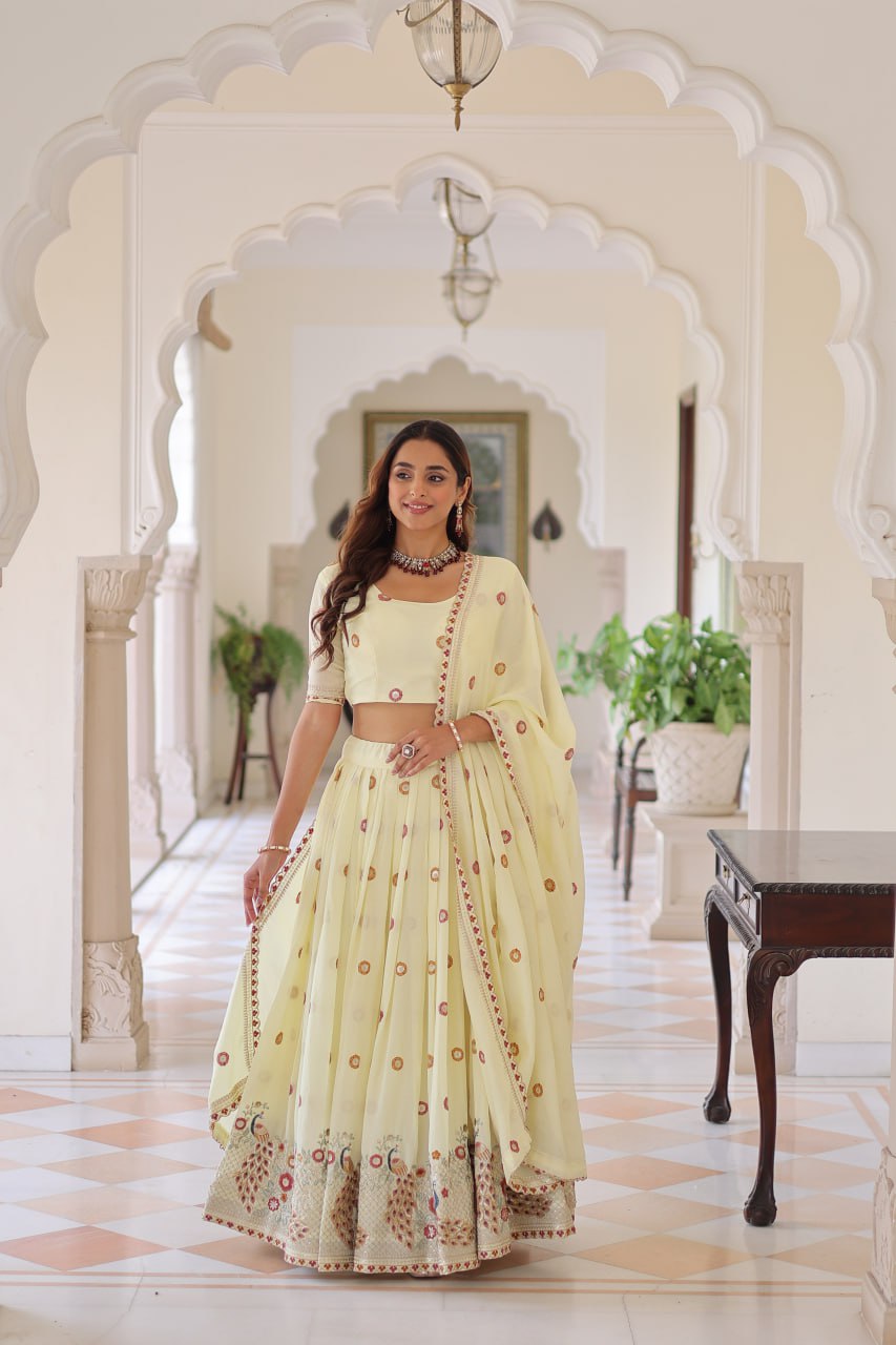 Wedding Wear Light Yellow Color Emroidered Lehenga Choli Set