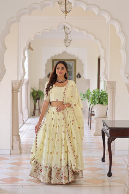 Wedding Wear Light Yellow Color Emroidered Lehenga Choli Set