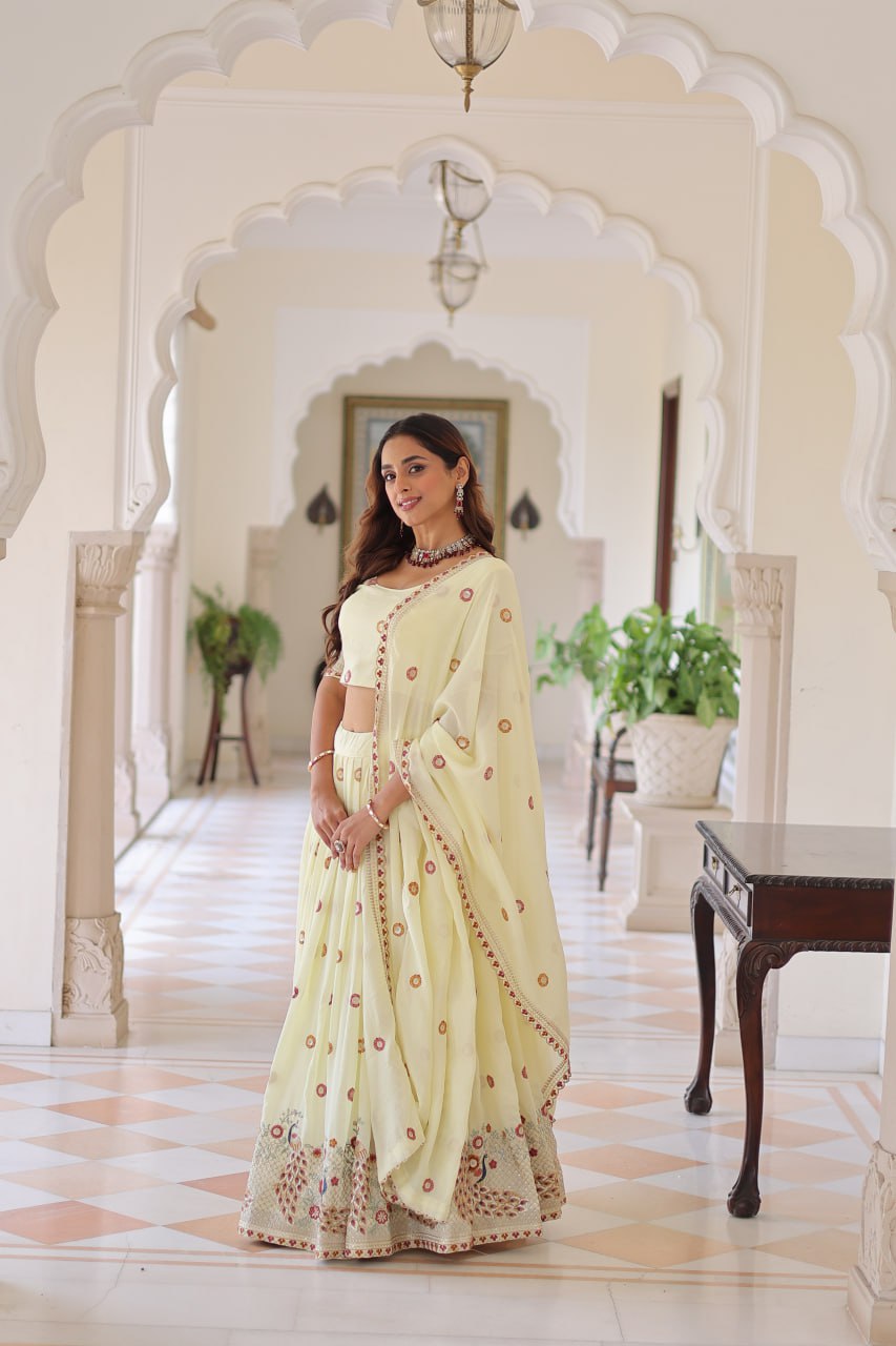 Wedding Wear Light Yellow Color Emroidered Lehenga Choli Set