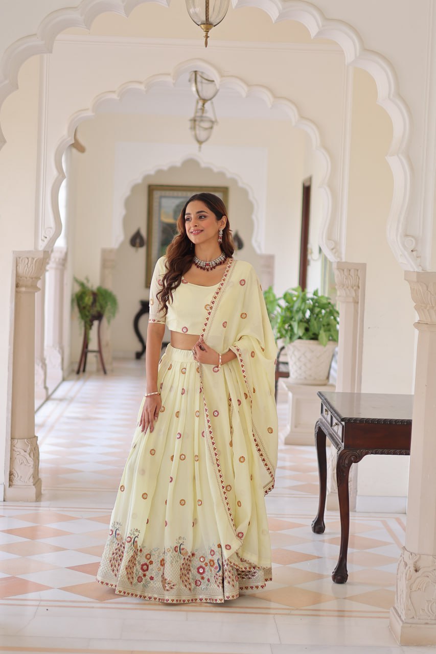 Wedding Wear Light Yellow Color Emroidered Lehenga Choli Set