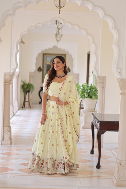 Wedding Wear Light Yellow Color Emroidered Lehenga Choli Set
