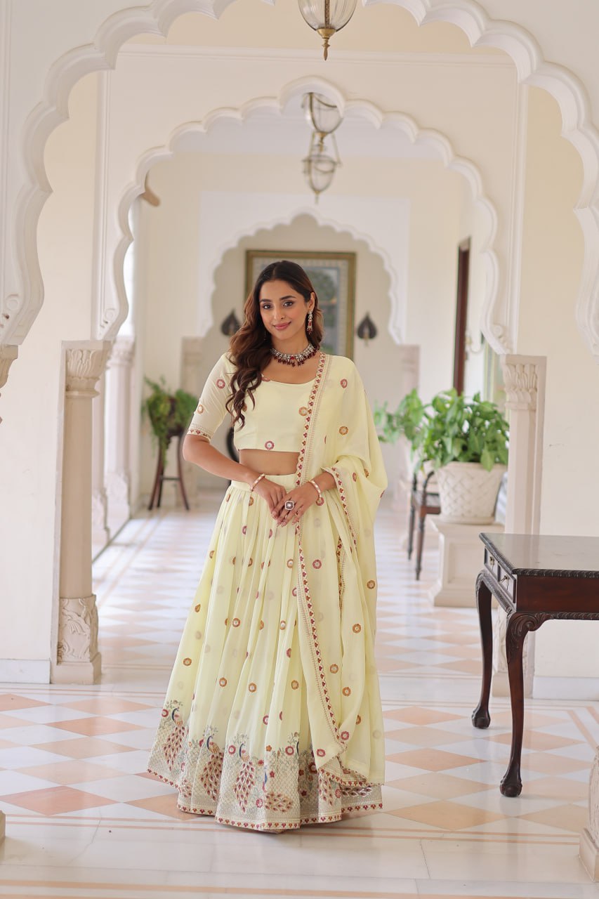Wedding Wear Light Yellow Color Emroidered Lehenga Choli Set