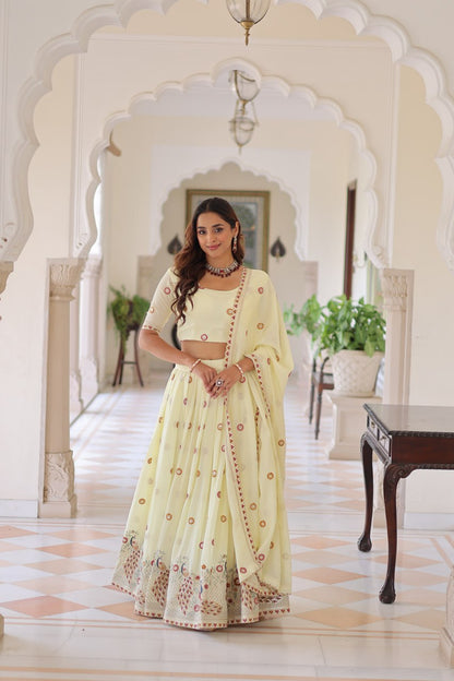 Wedding Wear Light Yellow Color Emroidered Lehenga Choli Set