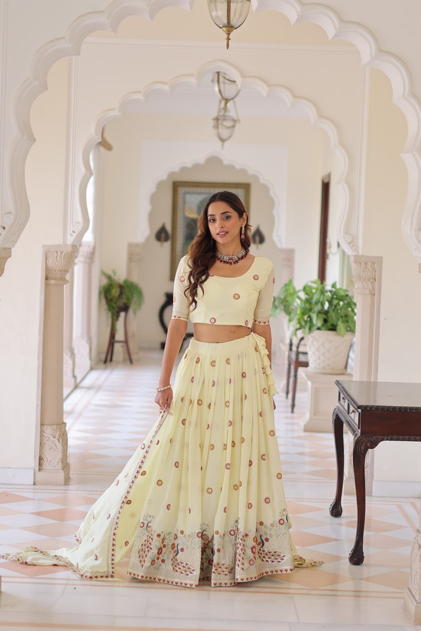 Wedding Wear Light Yellow Color Emroidered Lehenga Choli Set