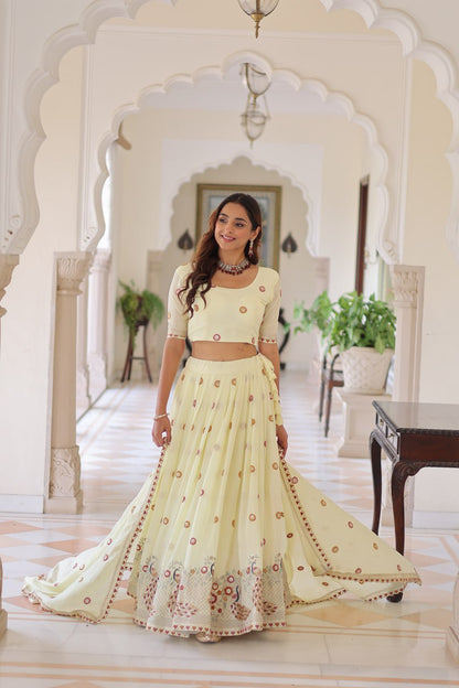 Wedding Wear Light Yellow Color Emroidered Lehenga Choli Set