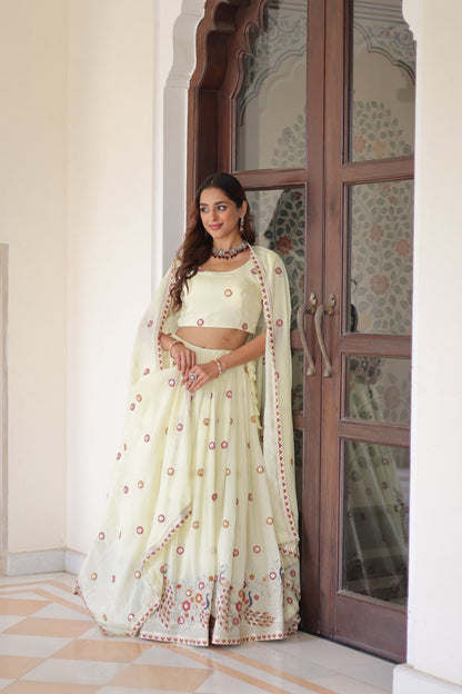 Wedding Wear Light Yellow Color Emroidered Lehenga Choli Set