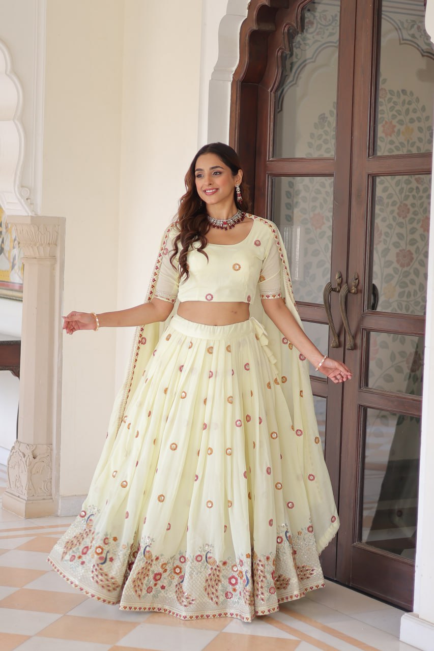 Wedding Wear Light Yellow Color Emroidered Lehenga Choli Set