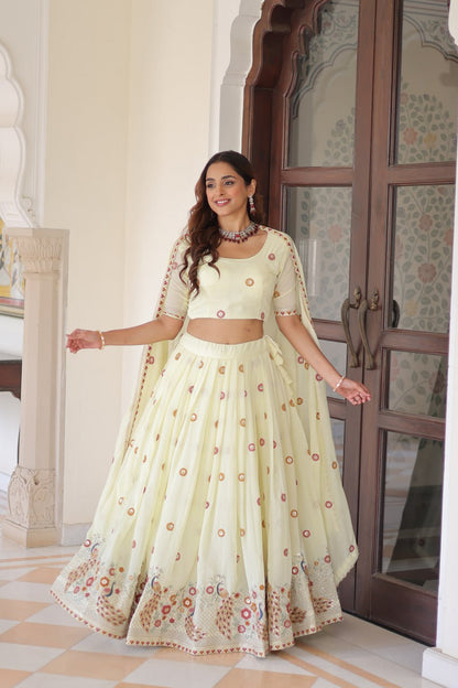 Wedding Wear Light Yellow Color Emroidered Lehenga Choli Set