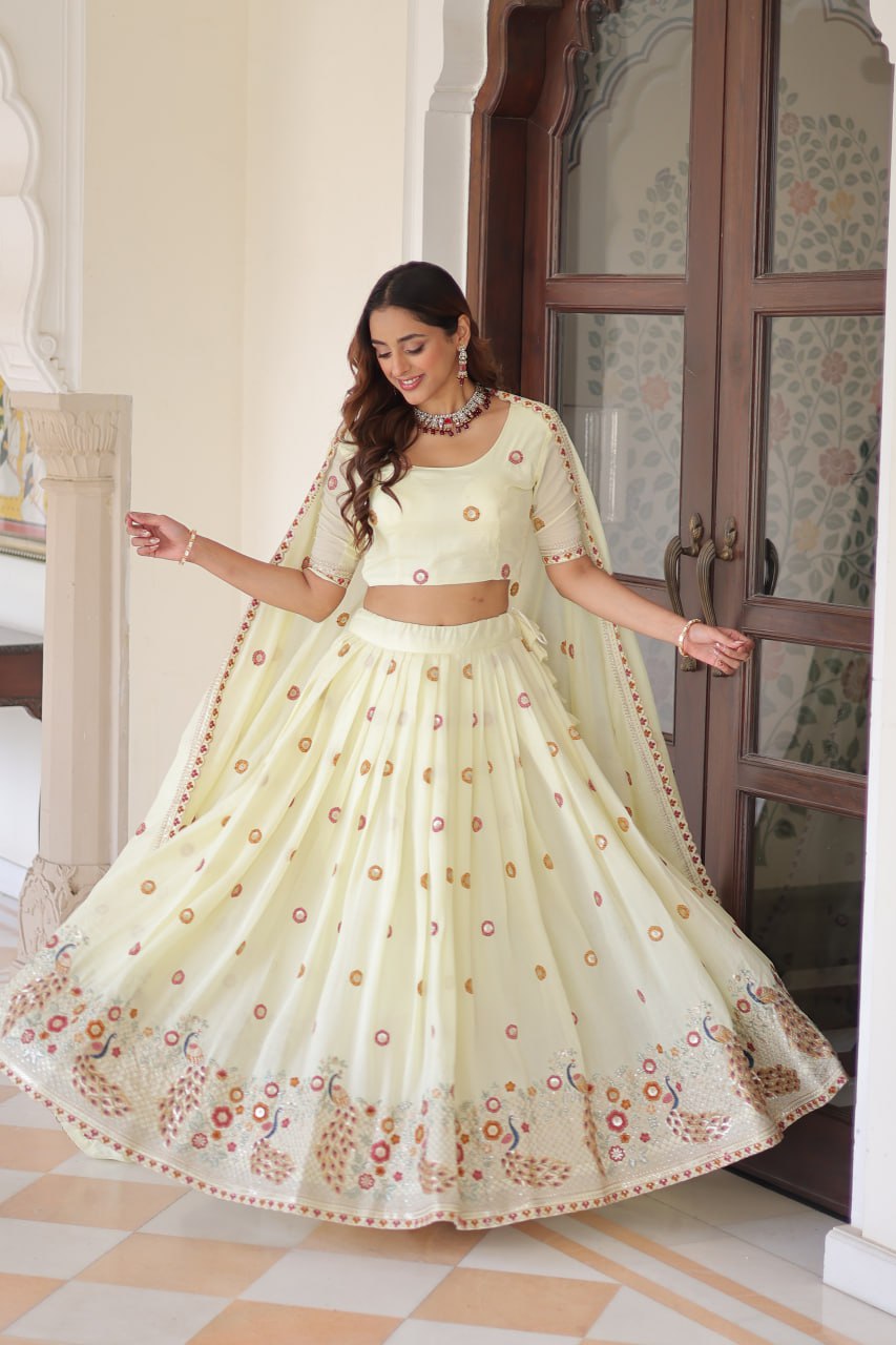 Wedding Wear Light Yellow Color Emroidered Lehenga Choli Set