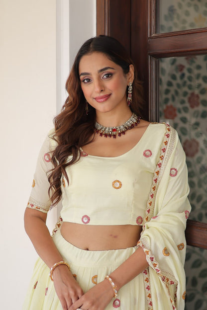 Wedding Wear Light Yellow Color Emroidered Lehenga Choli Set