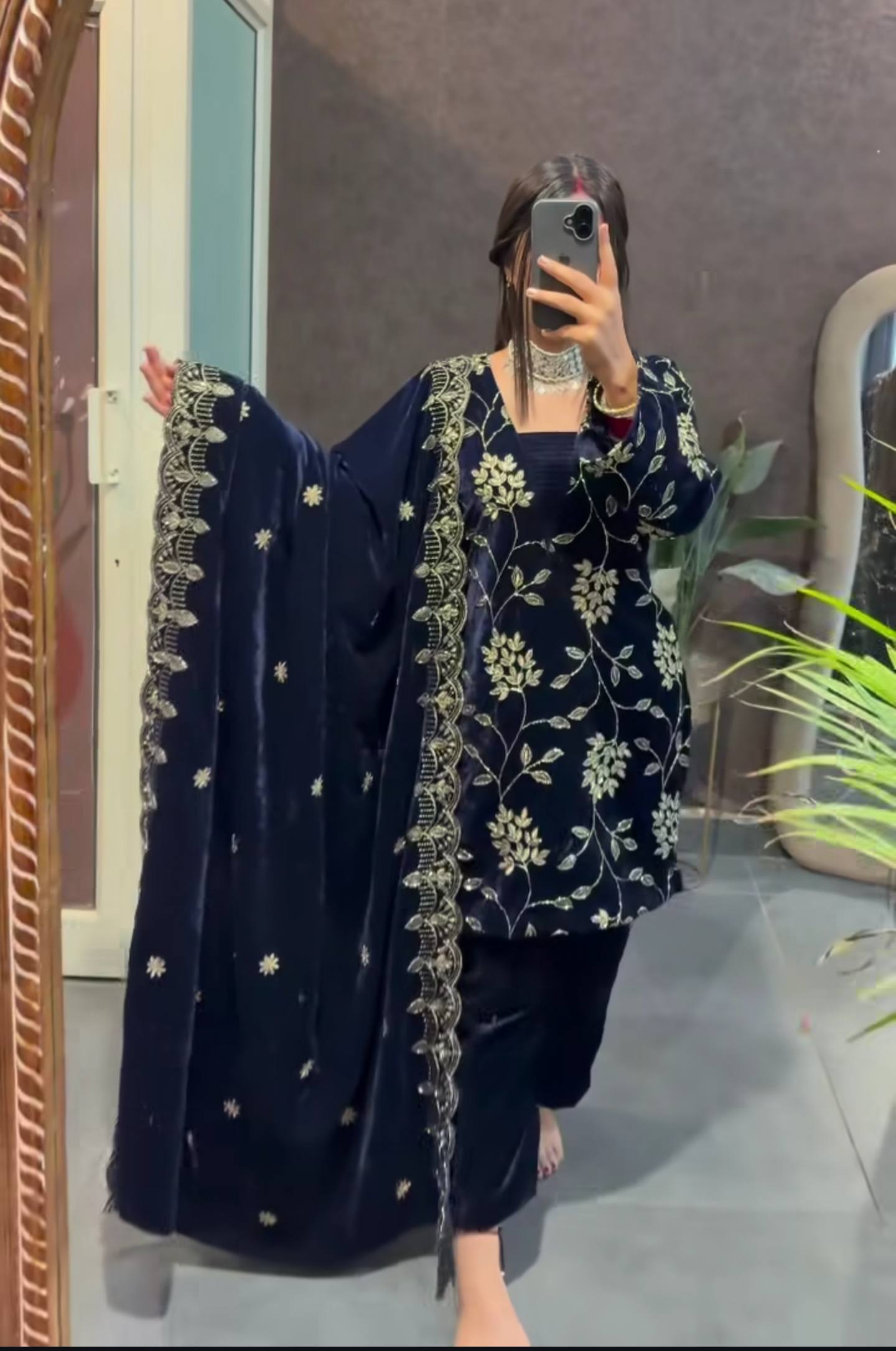 Luxury Navy Color Viscose Velvet Embroidered Salwar Suit Set