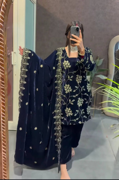 Luxury Navy Color Viscose Velvet Embroidered Salwar Suit Set