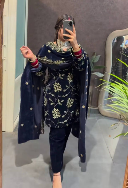 Luxury Navy Color Viscose Velvet Embroidered Salwar Suit Set