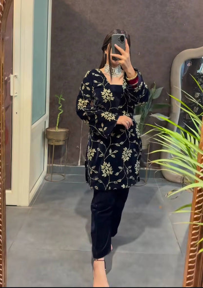 Luxury Navy Color Viscose Velvet Embroidered Salwar Suit Set