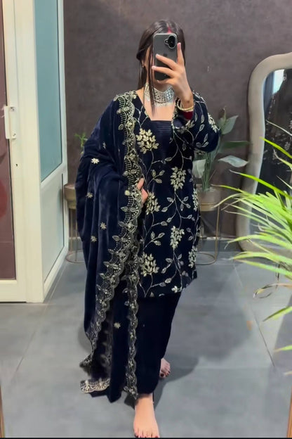 Luxury Navy Color Viscose Velvet Embroidered Salwar Suit Set