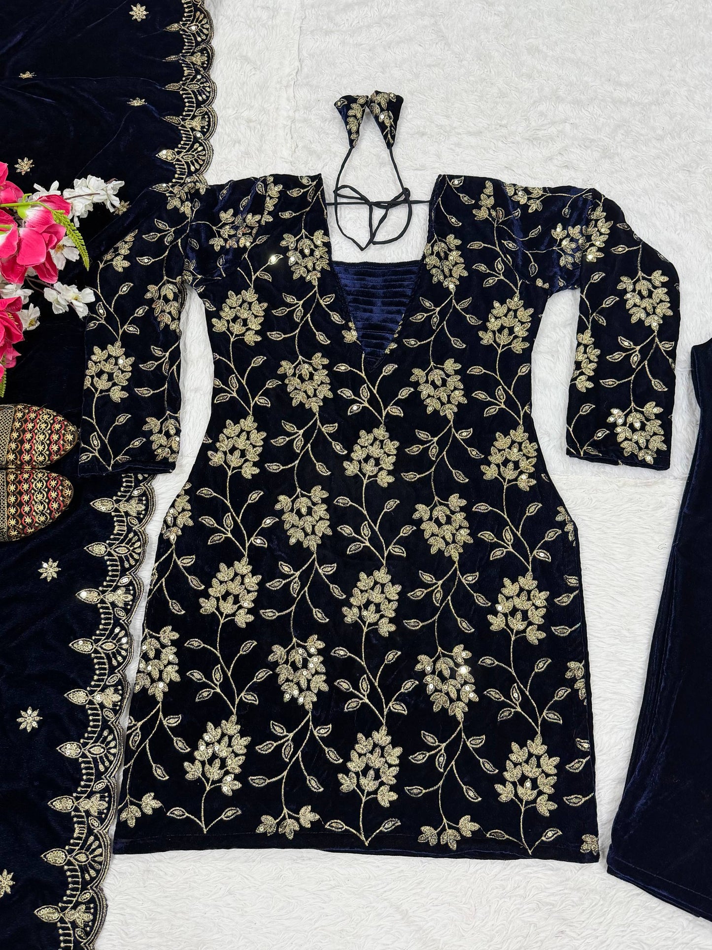 Luxury Navy Color Viscose Velvet Embroidered Salwar Suit Set