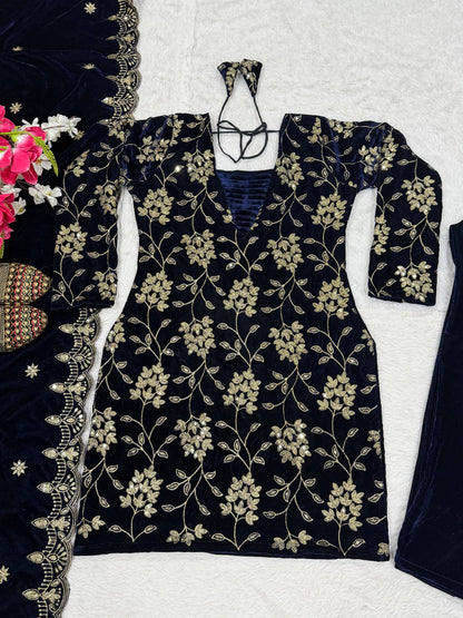 Luxury Navy Color Viscose Velvet Embroidered Salwar Suit Set