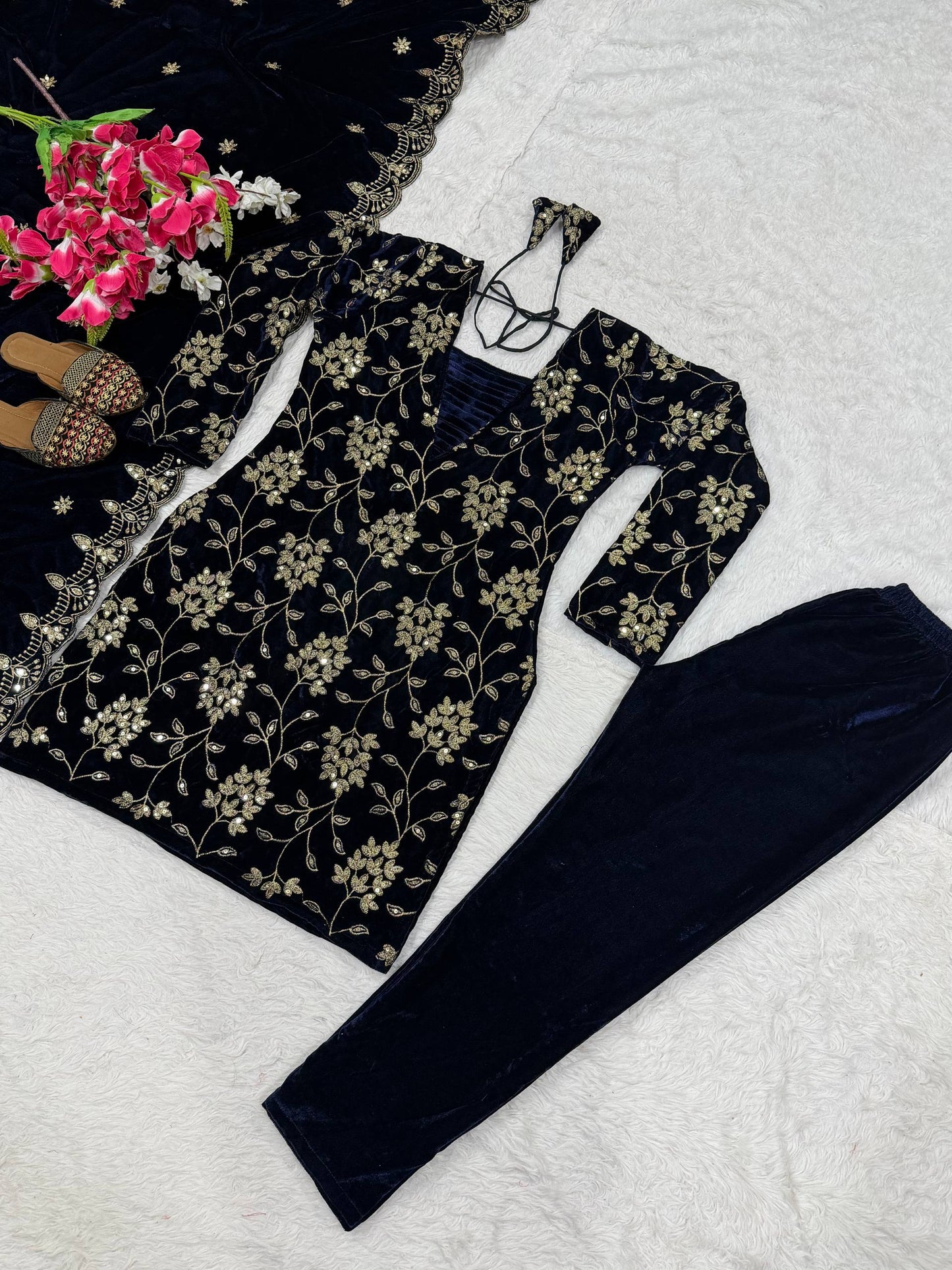Luxury Navy Color Viscose Velvet Embroidered Salwar Suit Set