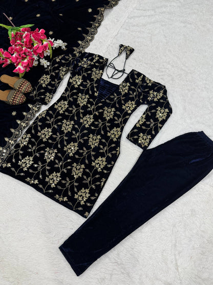 Luxury Navy Color Viscose Velvet Embroidered Salwar Suit Set