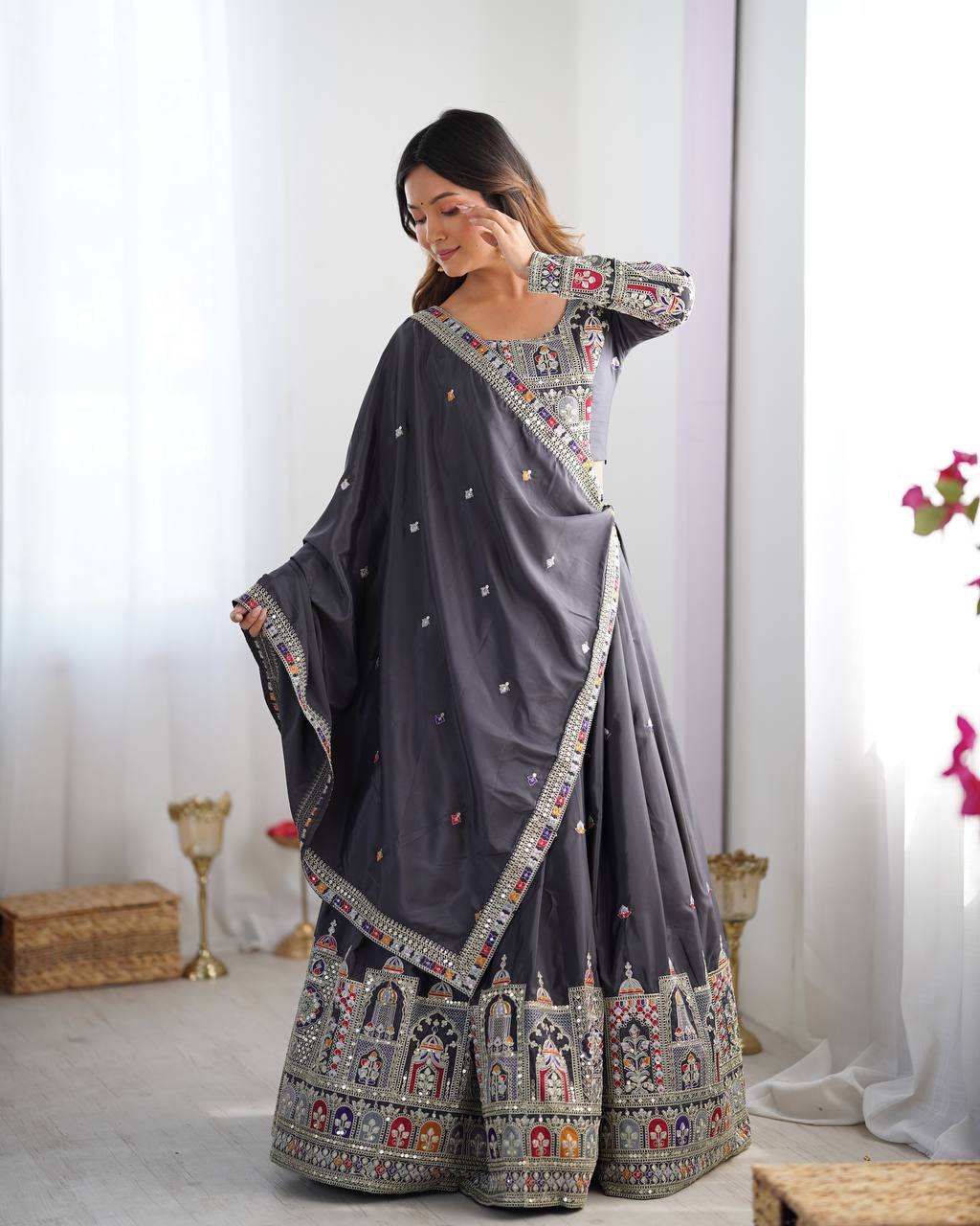 Wedding Wear Grey Color Natural Crepe Silk Thread With Sequence Work Lehenga Choli