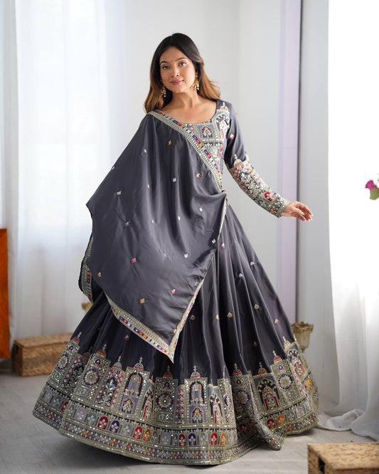 Wedding Wear Grey Color Natural Crepe Silk Thread With Sequence Work Lehenga Choli