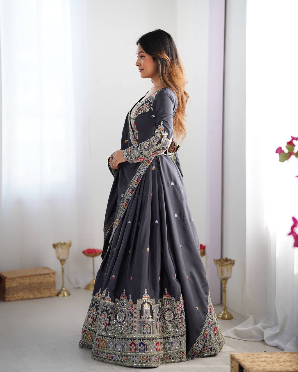 Wedding Wear Grey Color Natural Crepe Silk Thread With Sequence Work Lehenga Choli