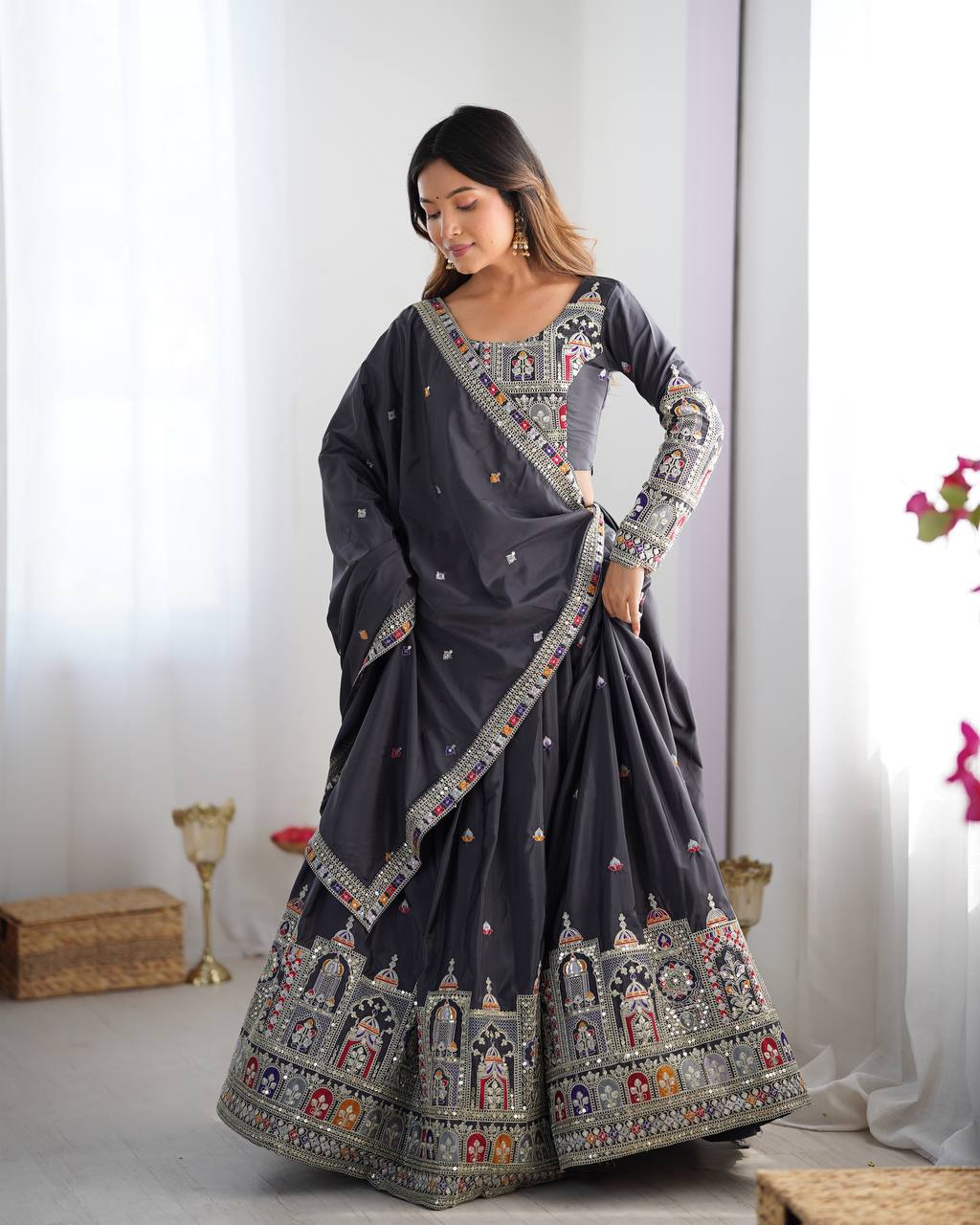 Wedding Wear Grey Color Natural Crepe Silk Thread With Sequence Work Lehenga Choli