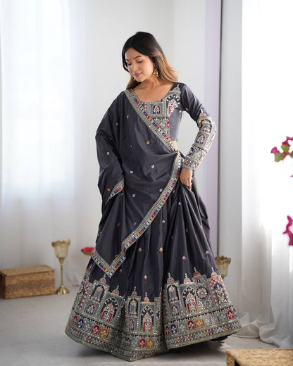 Wedding Wear Grey Color Natural Crepe Silk Thread With Sequence Work Lehenga Choli
