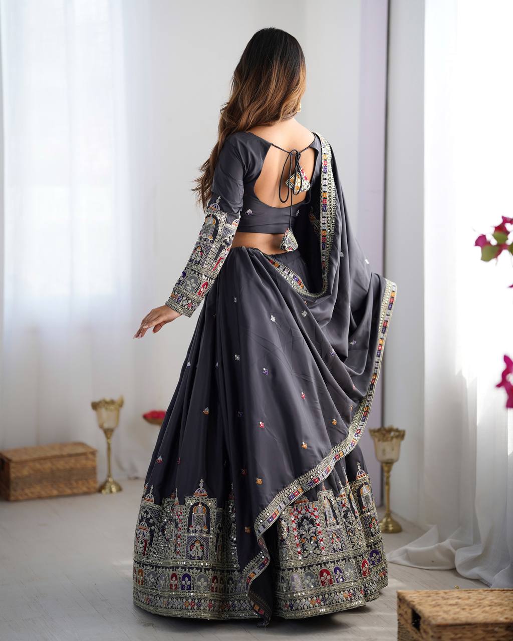 Wedding Wear Grey Color Natural Crepe Silk Thread With Sequence Work Lehenga Choli