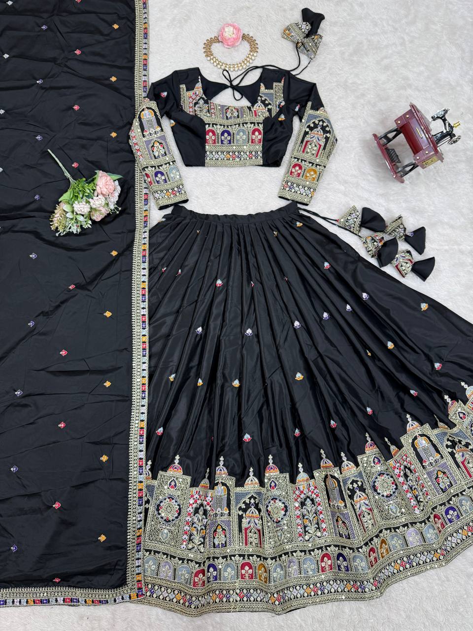 Wedding Wear Grey Color Natural Crepe Silk Thread With Sequence Work Lehenga Choli