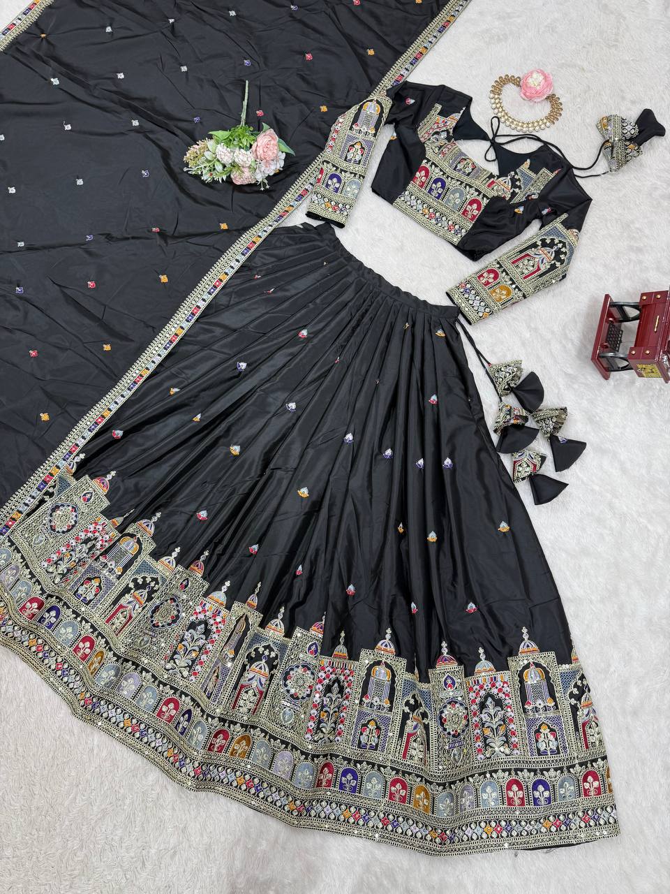 Wedding Wear Grey Color Natural Crepe Silk Thread With Sequence Work Lehenga Choli