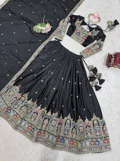 Wedding Wear Grey Color Natural Crepe Silk Thread With Sequence Work Lehenga Choli