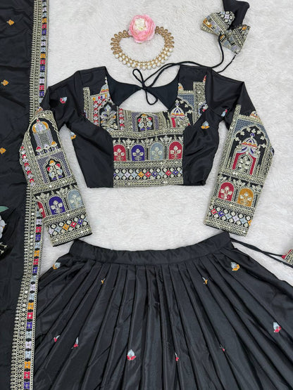 Wedding Wear Grey Color Natural Crepe Silk Thread With Sequence Work Lehenga Choli