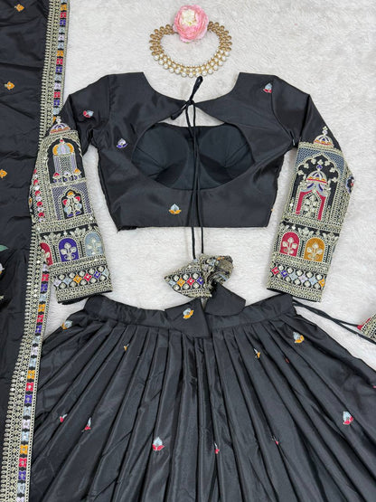 Wedding Wear Grey Color Natural Crepe Silk Thread With Sequence Work Lehenga Choli