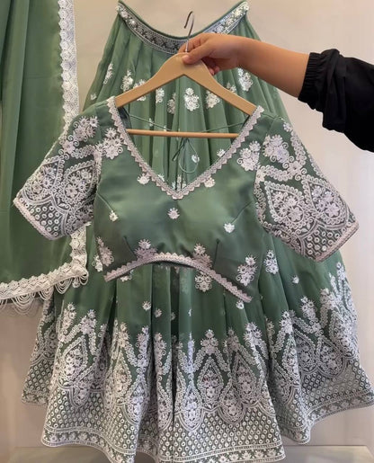 Wedding Wear Light Green Color Georgette Lehenga Choli With Dupatta Set